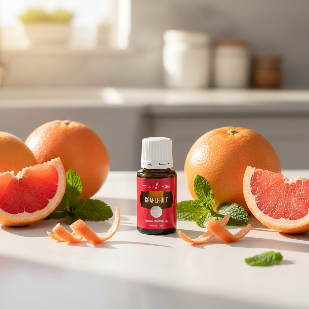 Grapefruit essential oil on kitchen counter with whole grapefruits, zest curls and peppermint in morning light