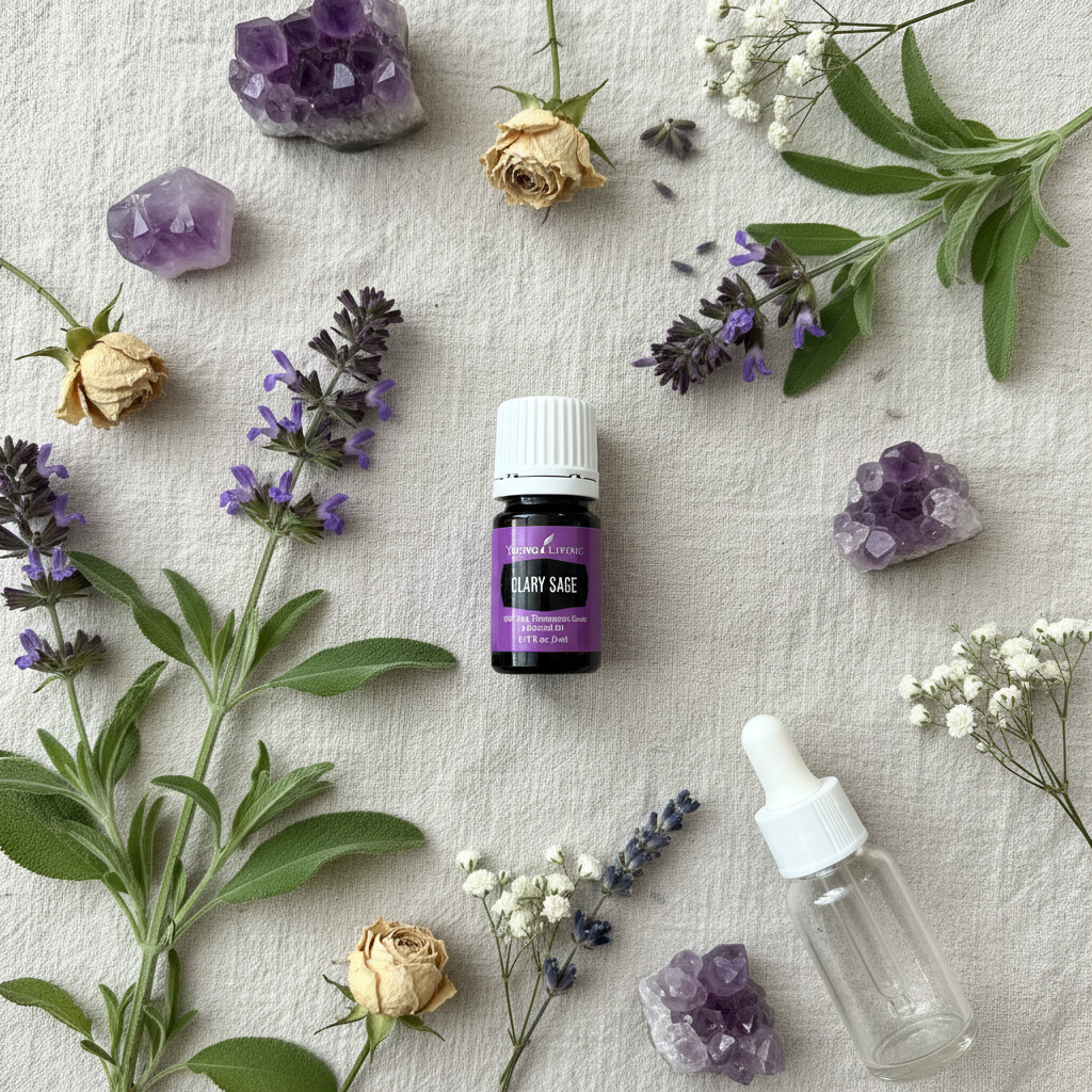 Clary Sage oil flat lay with crystals and dried flowers