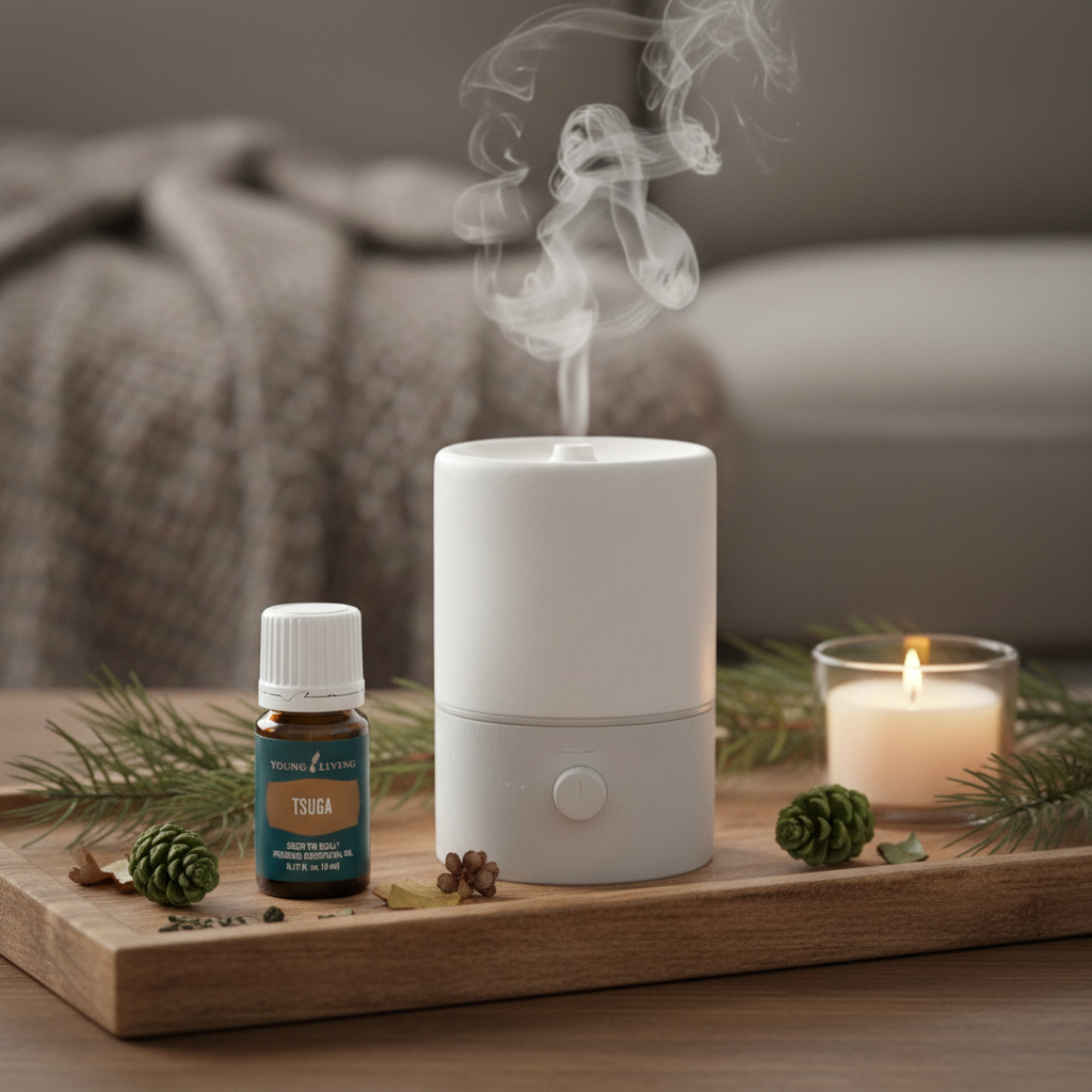 Tsuga essential oil next to ceramic diffuser with mist and forest botanicals