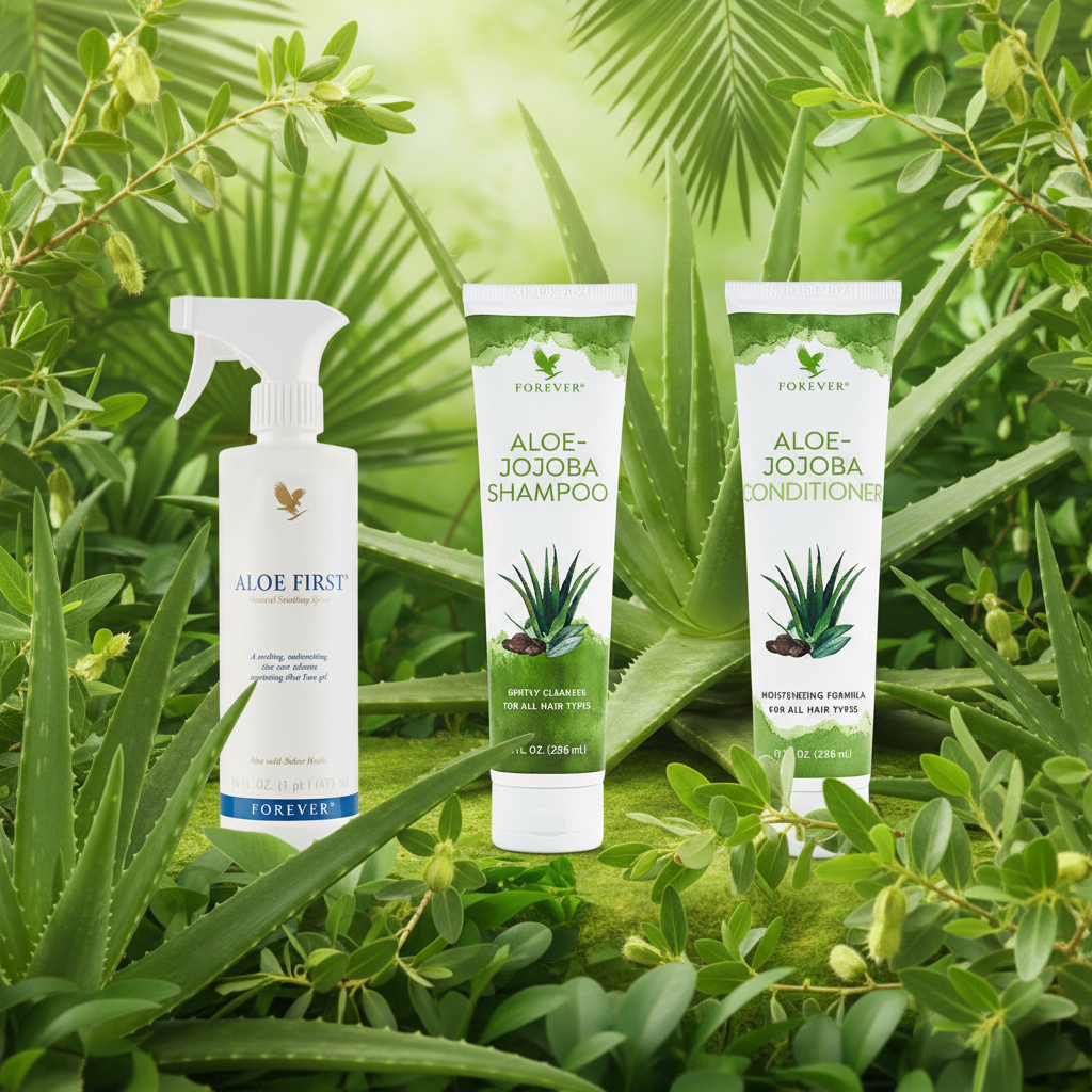 Forever dandruff treatment bundle on lush green botanical background