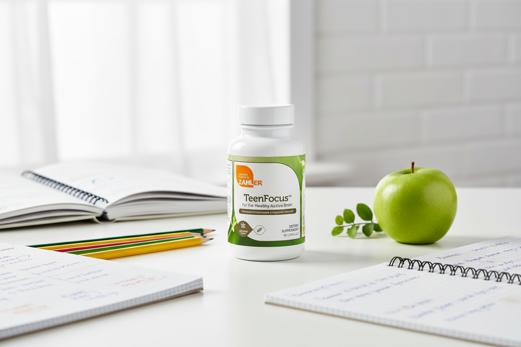 Zahler TeenFocus bottle on white desk with school notebooks pencils and green apple lifestyle photo