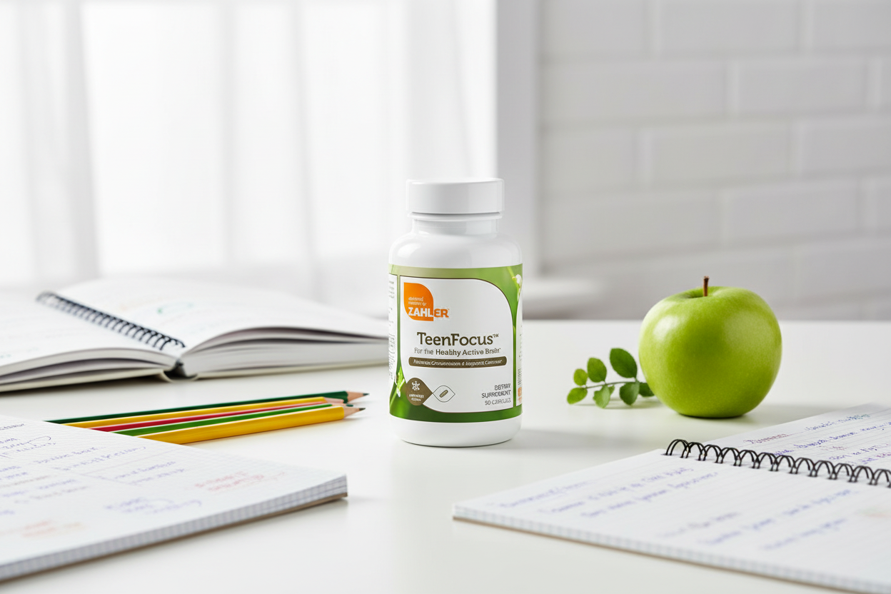 Zahler TeenFocus bottle on white desk with school notebooks pencils and green apple lifestyle photo