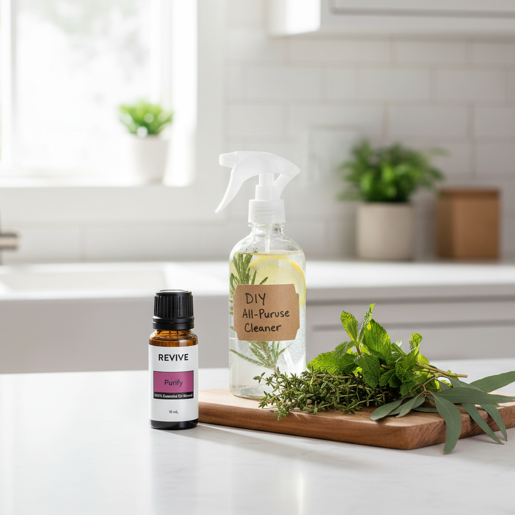 Revive Purify oil on kitchen counter with cleaning spray and herbs