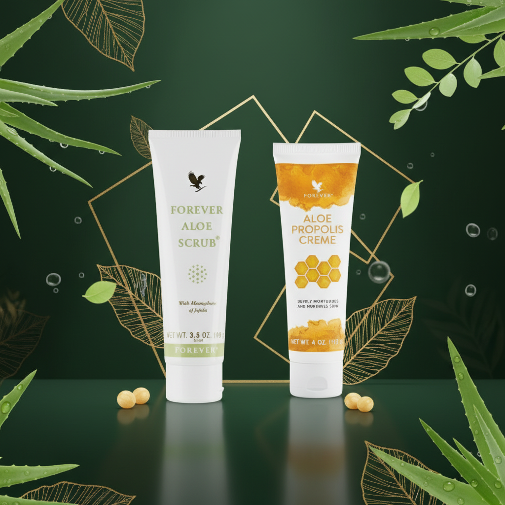 Forever Aloe Scrub and Propolis Creme on deep forest green and gold
