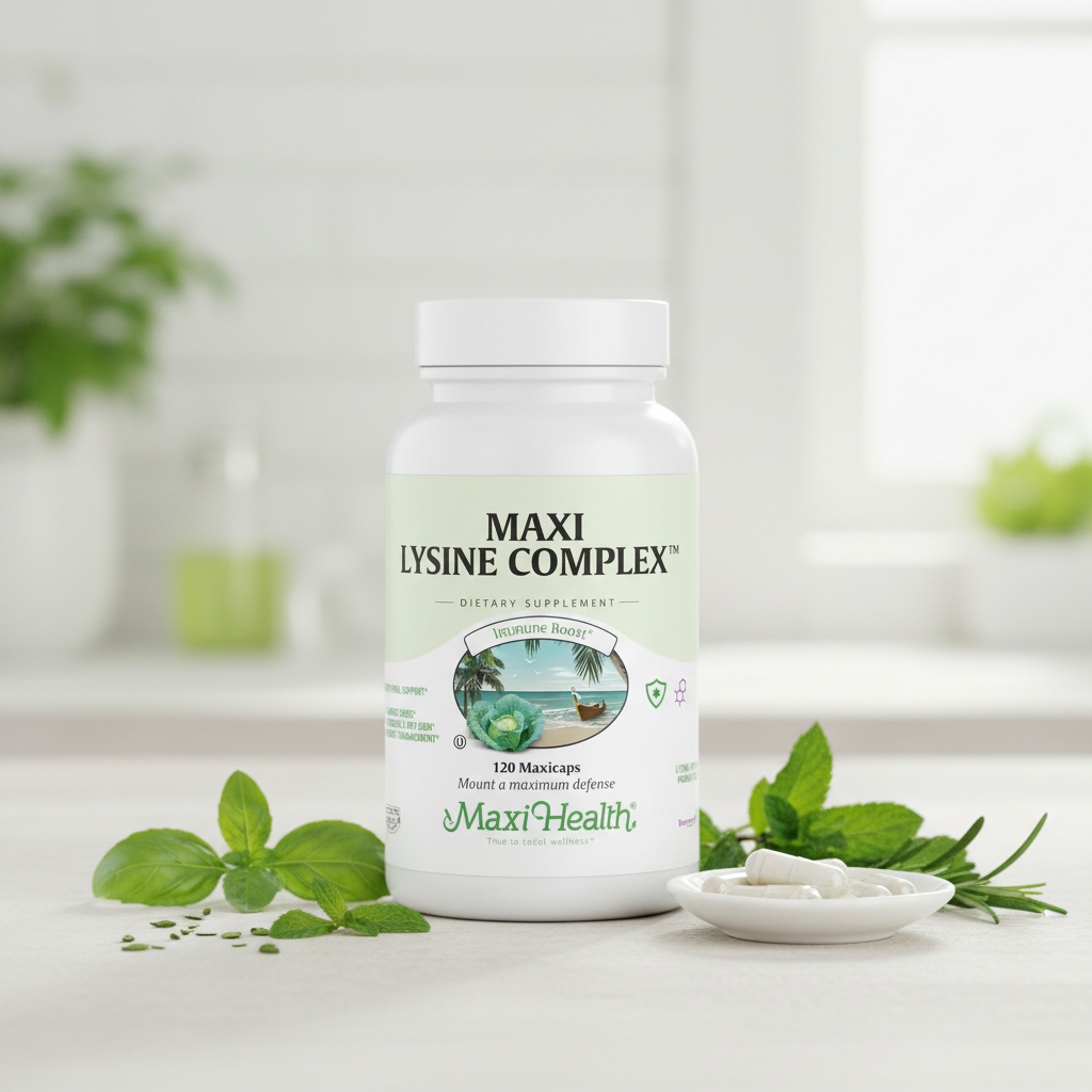 Maxi Lysine Complex in bright wellness lifestyle setting with green herbs
