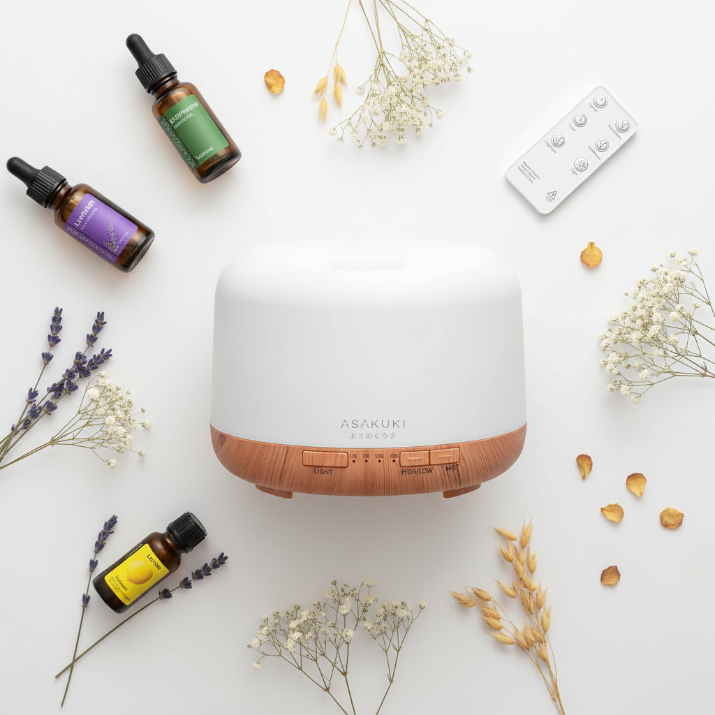 ASAKUKI diffuser flat lay with remote and essential oil bottles