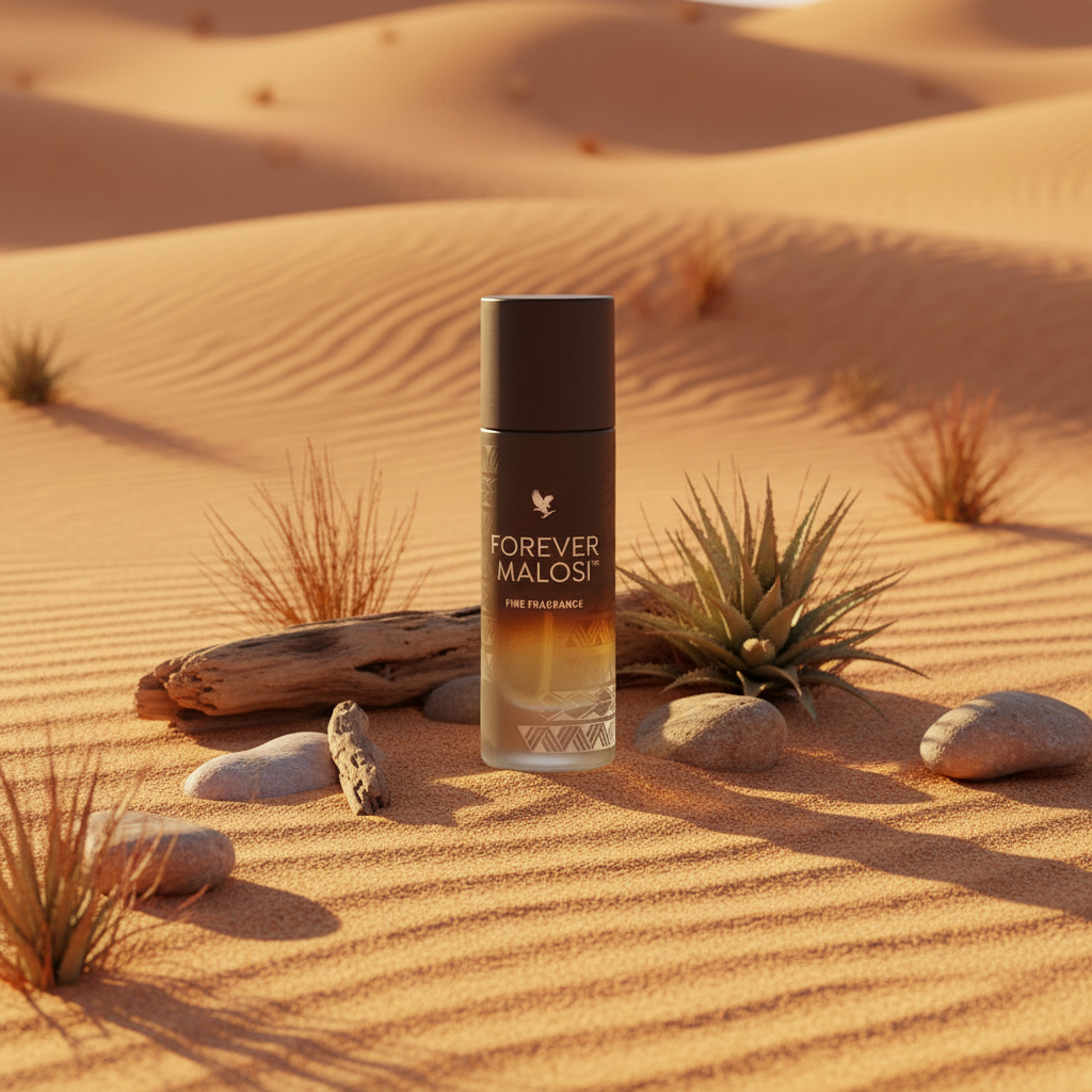 Forever Malosi Fine Fragrance on sandy desert with driftwood