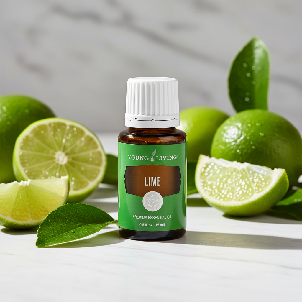 Lime essential oil on marble with fresh sliced limes and green leaves
