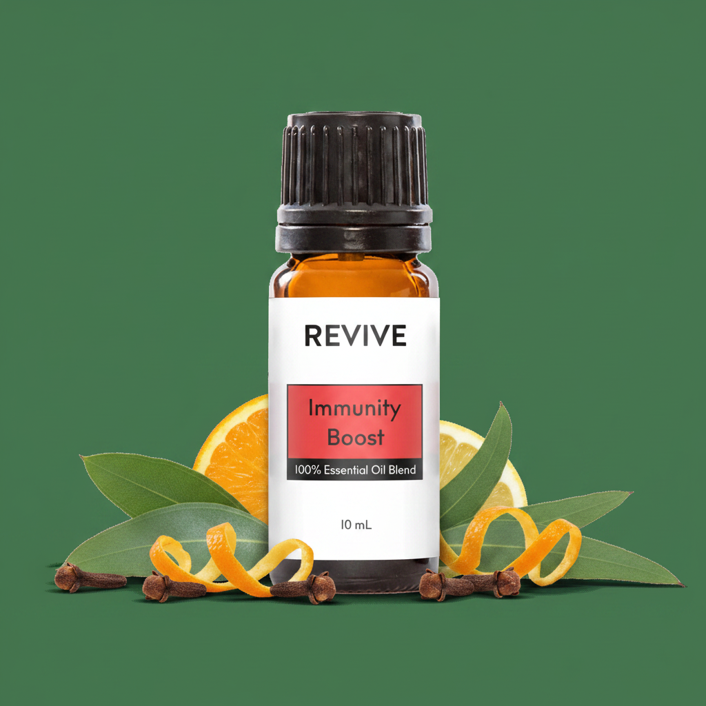 REVIVE Immunity Boost on forest green background with eucalyptus clove citrus botanicals