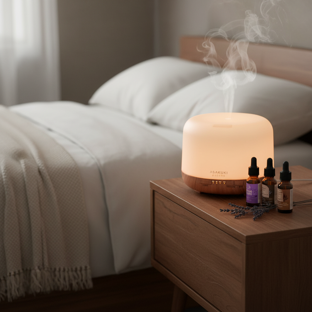 ASAKUKI diffuser glowing on bedroom nightstand