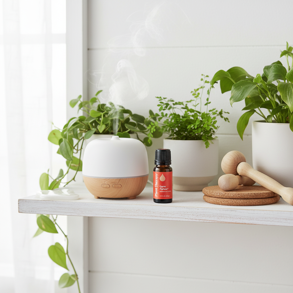 Plant Therapy Germ Fighter on wellness shelf with green plants and diffuser