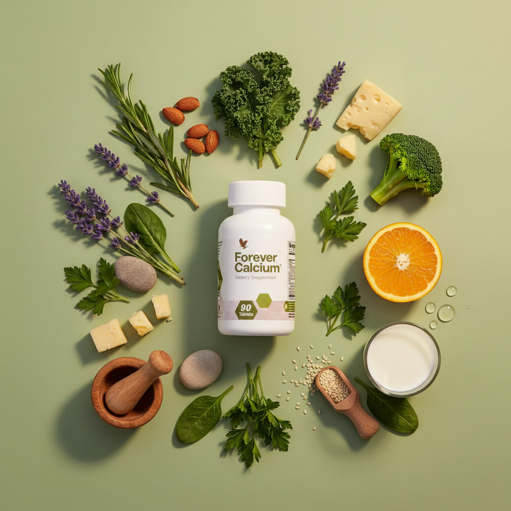 Forever Calcium bottle on sage green background with herbs