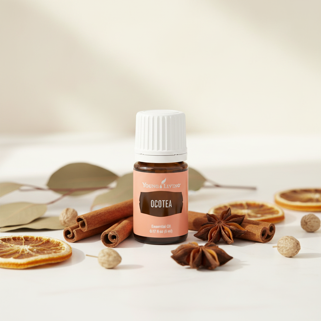 Ocotea essential oil bottle with cinnamon sticks on spa surface