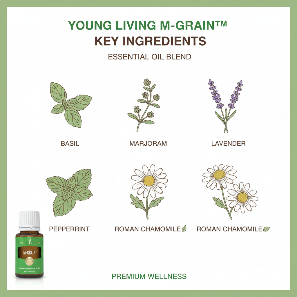 M-Grain essential oil key ingredients infographic