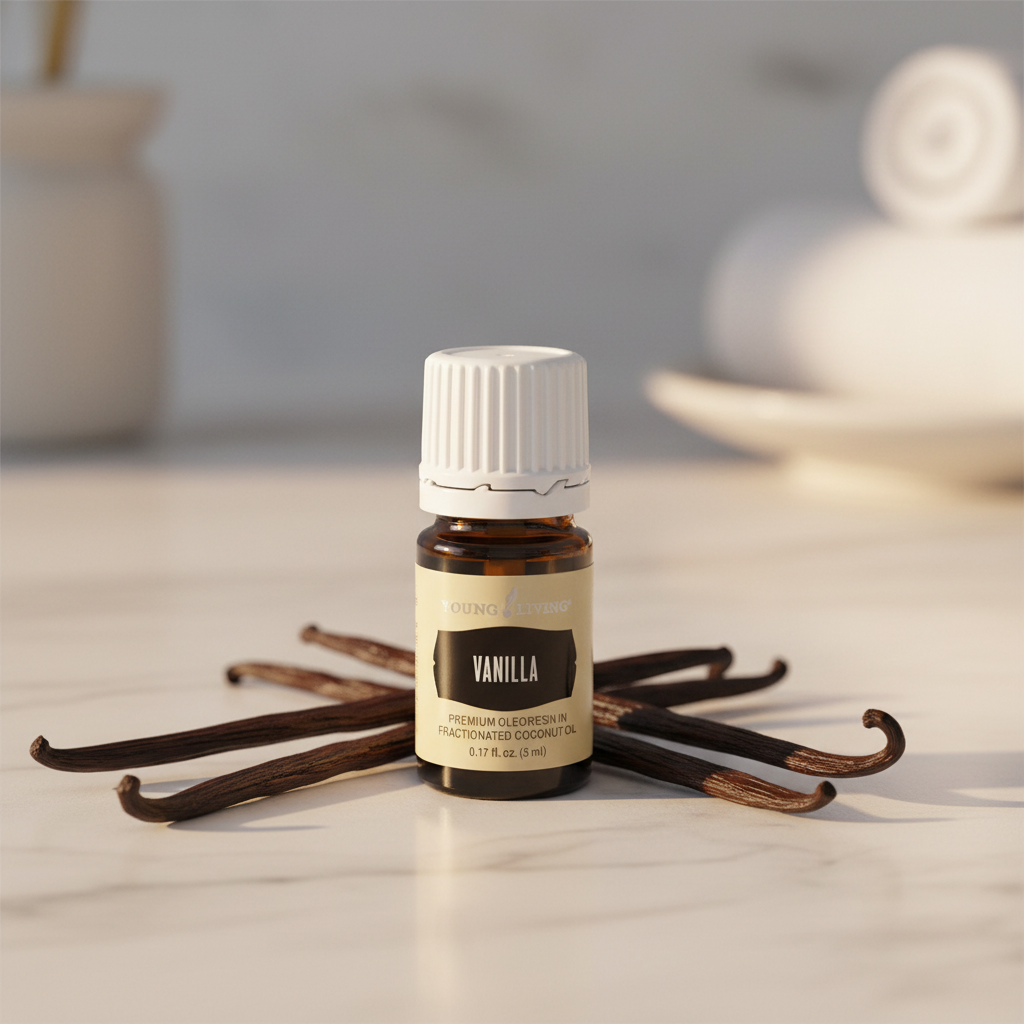 Vanilla oleoresin on marble with vanilla bean pods