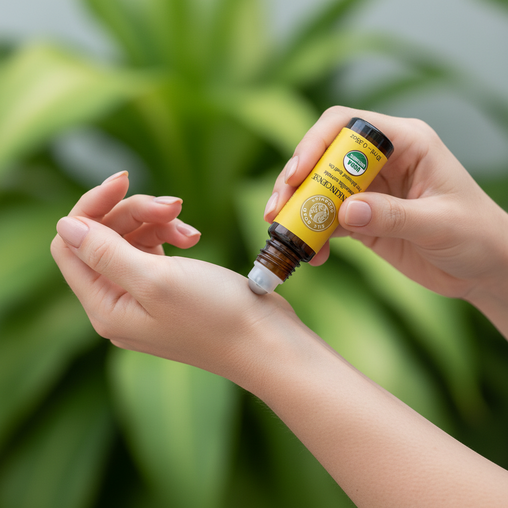 Woman applying frankincense roll-on to wrist