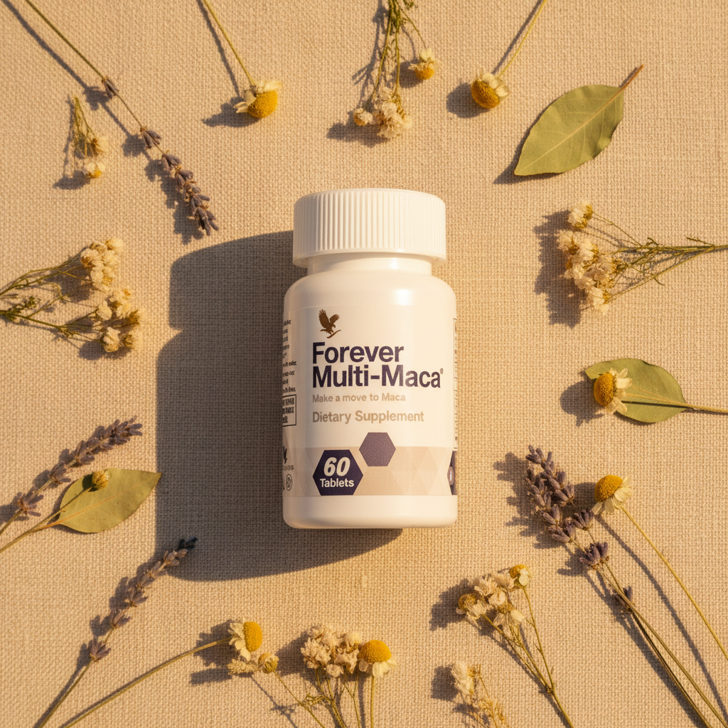 Forever Multi-Maca bottle on sandy beige with flowers