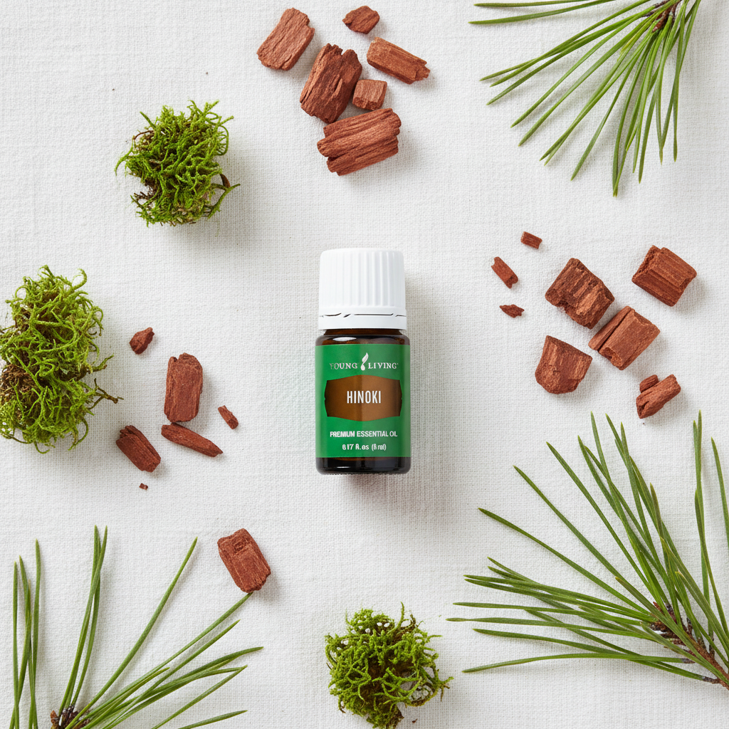Hinoki bottle flat lay with cedar wood and pine needles