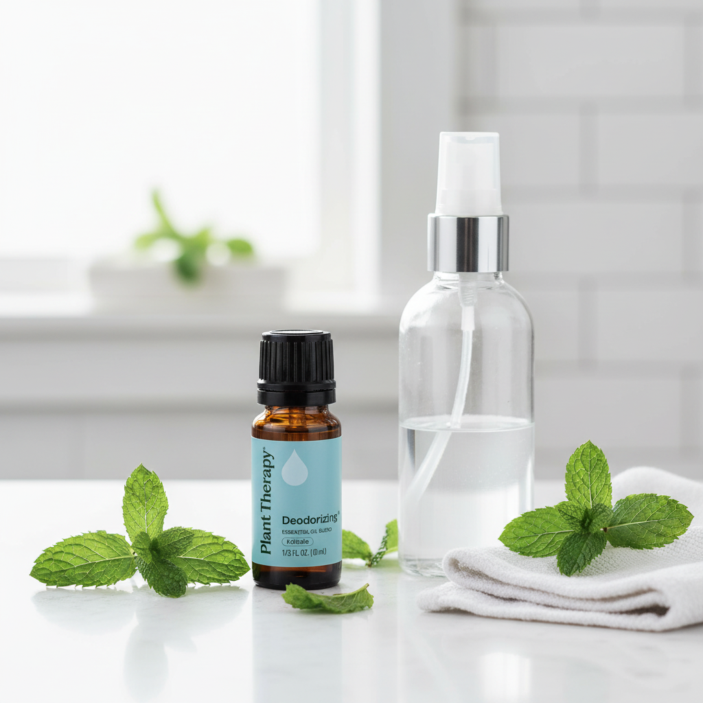Plant Therapy Deodorizing bottle with DIY spray bottle and mint on bathroom counter