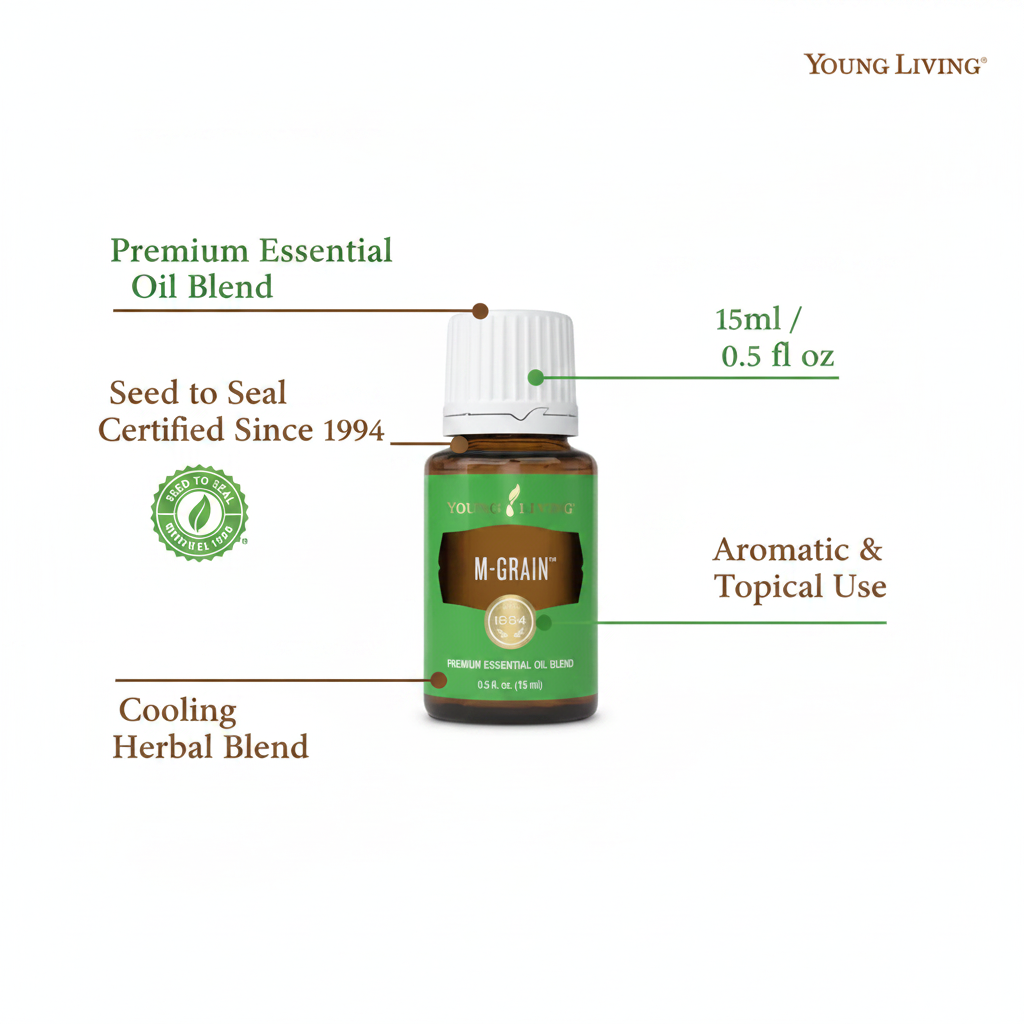 M-Grain essential oil key benefits infographic