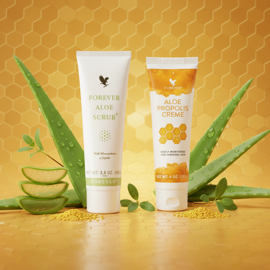 Forever Aloe Scrub and Propolis Creme on golden honey background