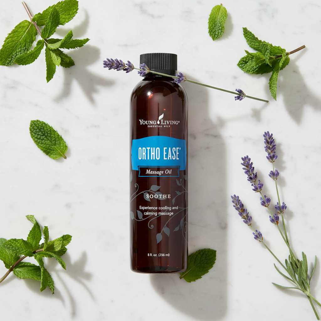 Ortho Ease Massage Oil marble flat lay with peppermint and lavender