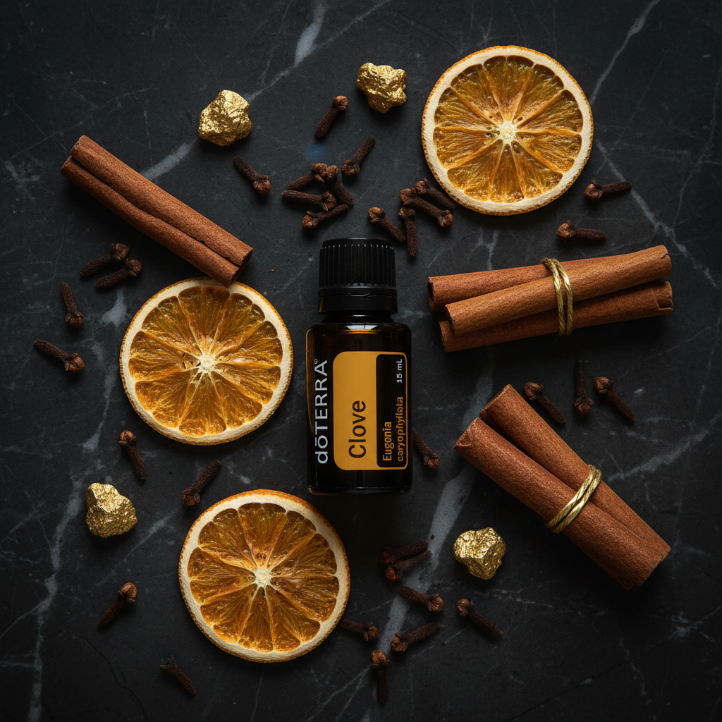 doTERRA Clove Essential Oil dark marble flat lay with cloves, dried orange and cinnamon