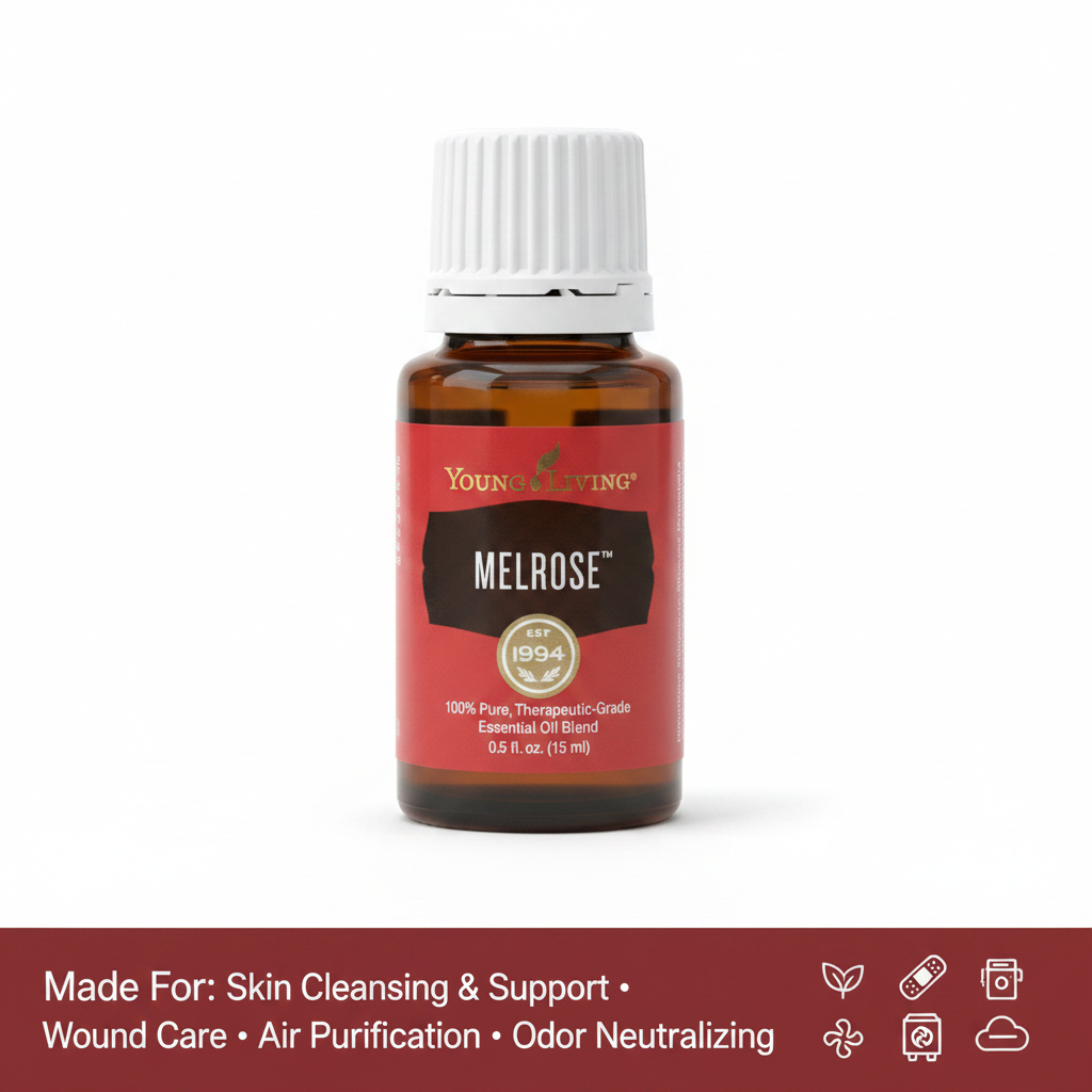 Melrose essential oil infographic - Made For Skin Cleansing, Wound Care, Air Purification, Odor Neutralizing