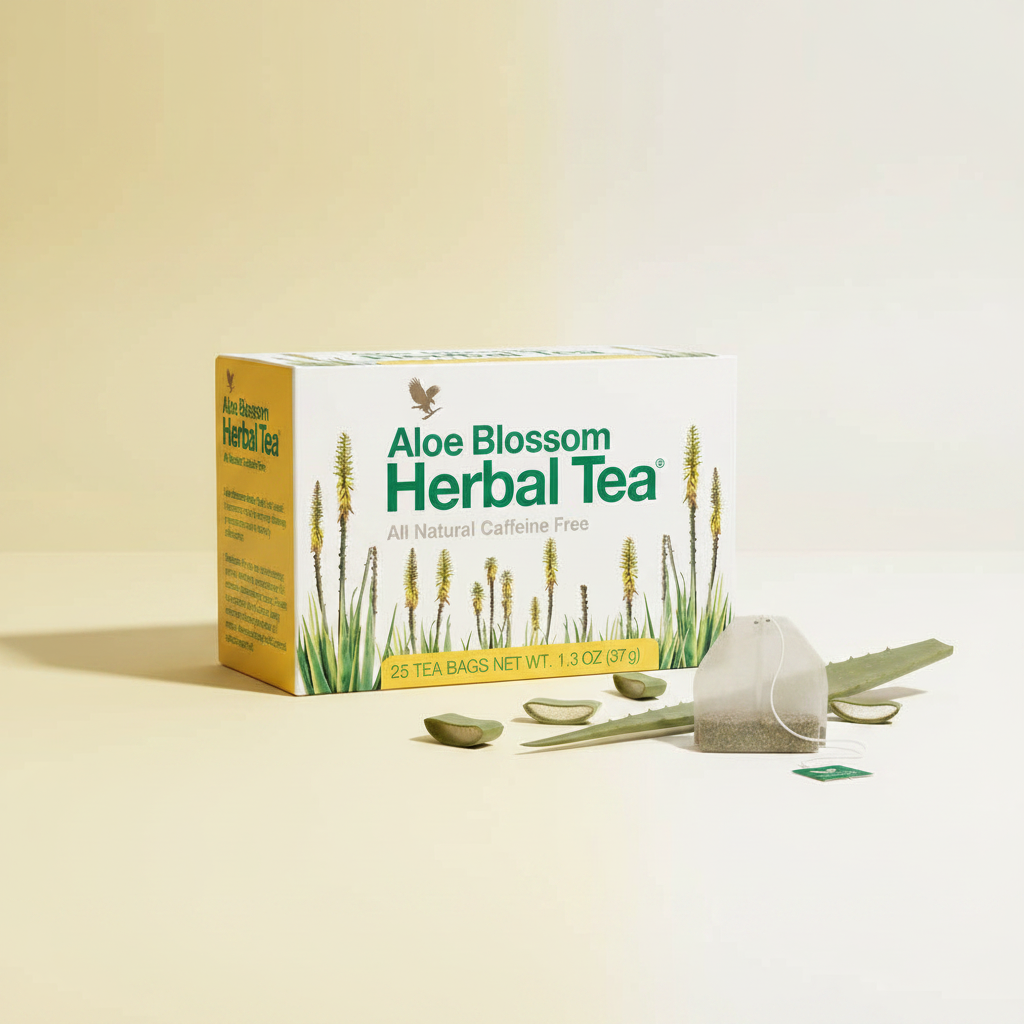 Forever Aloe Blossom Herbal Tea on pastel yellow and cream background