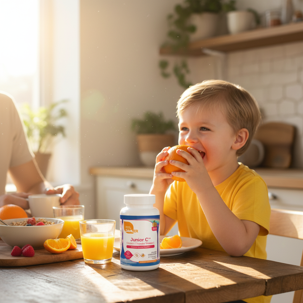 Child eating orange at sunny breakfast table with Junior C