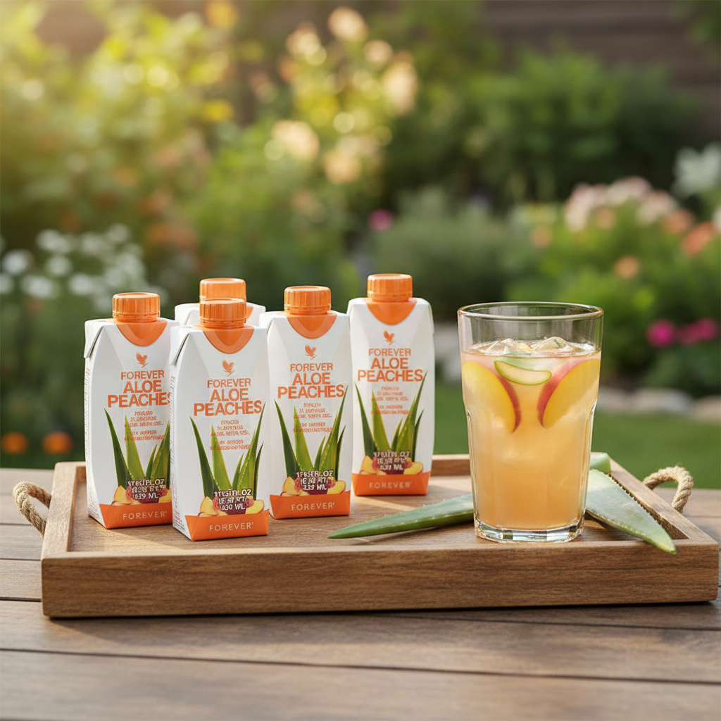 Forever Aloe Peaches minis on wooden tray with peach drink in garden setting
