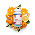 Junior C bottle with fresh oranges and citrus on white background