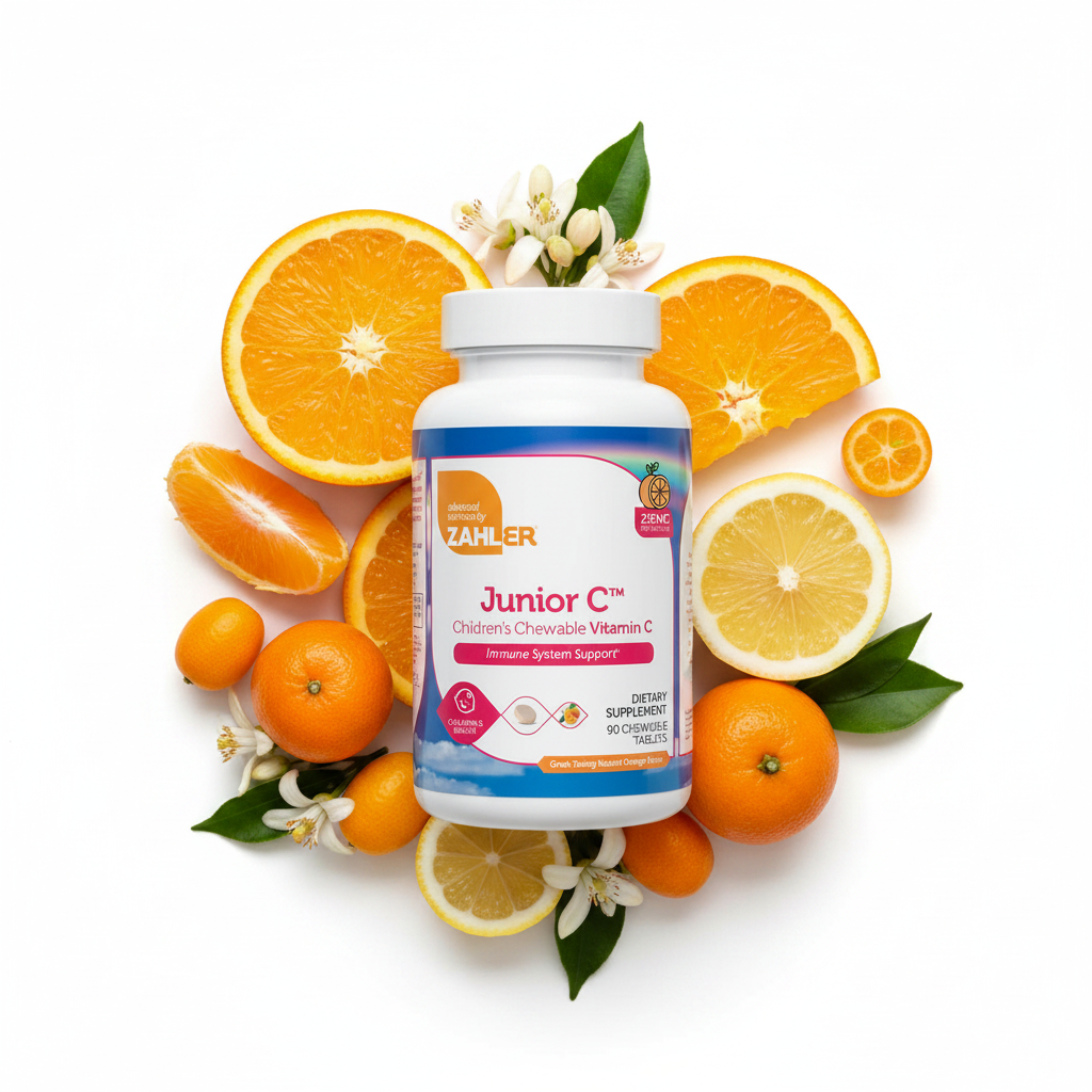 Junior C bottle with fresh oranges and citrus on white background