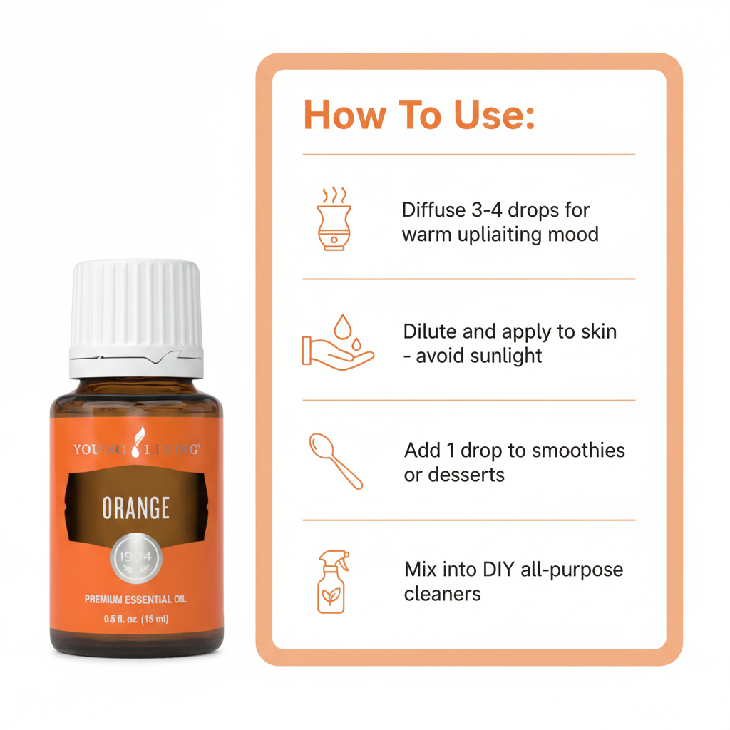 Orange how to use infographic - Diffuse, Topical, Culinary, DIY Cleaners