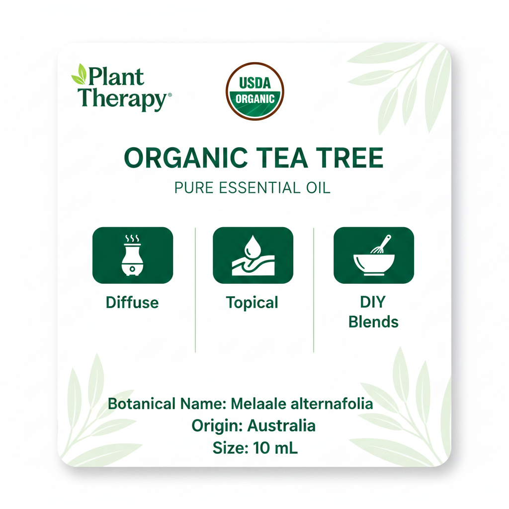 Plant Therapy Organic Tea Tree Essential Oil product details infographic
