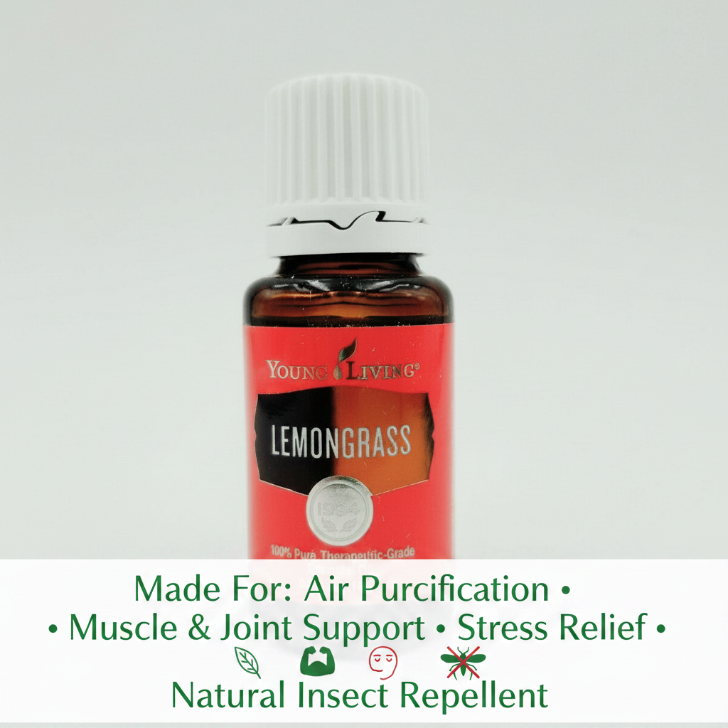 Lemongrass essential oil infographic - Made For Air Purification, Muscle Support, Stress Relief, Insect Repellent