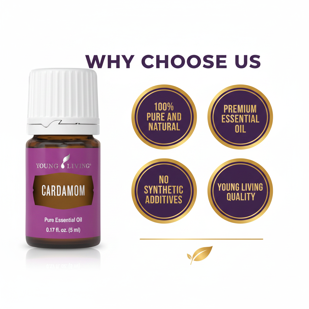 Cardamom Essential Oil quality badges infographic