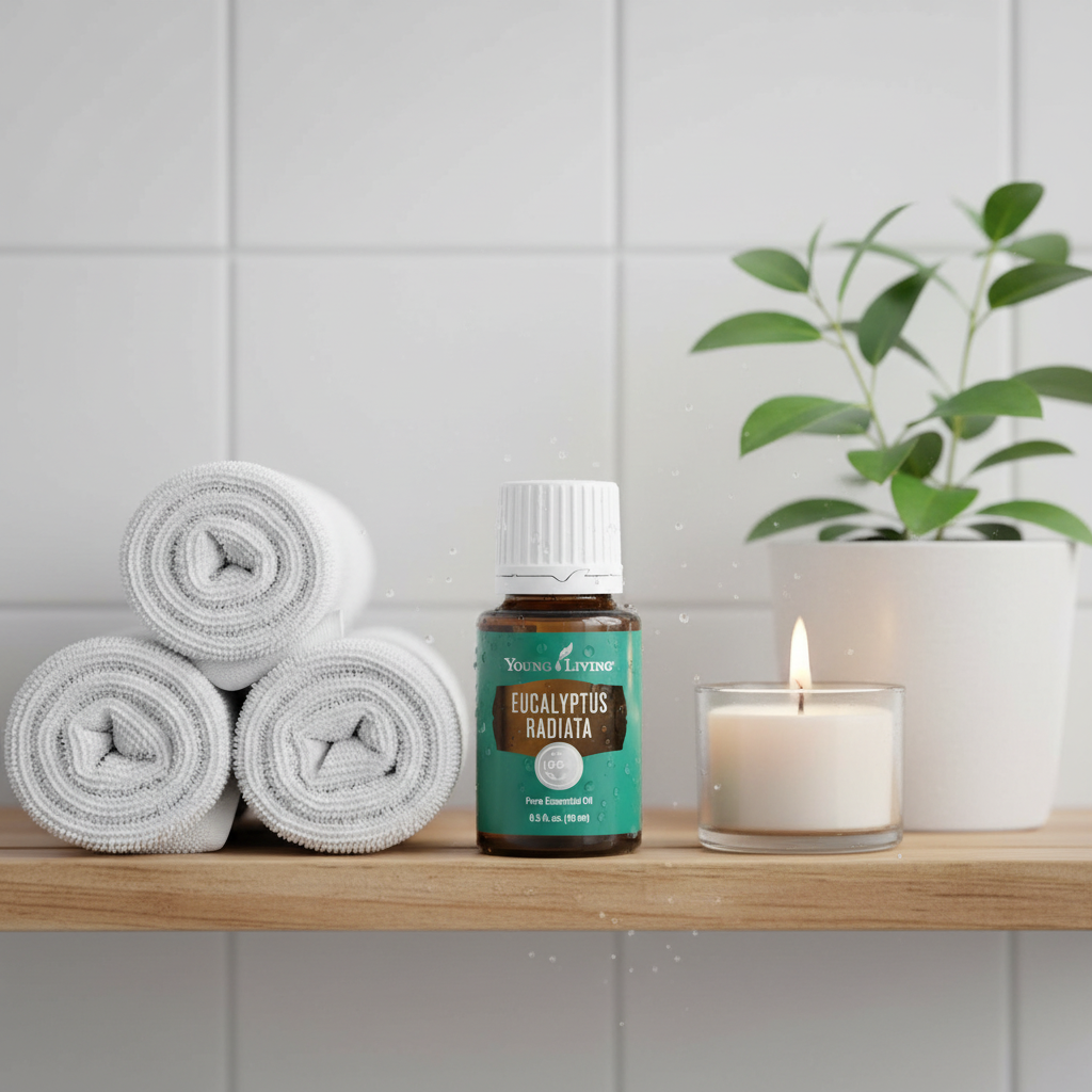 Eucalyptus Radiata bottle on bathroom shelf with white towels, eucalyptus plant and candle