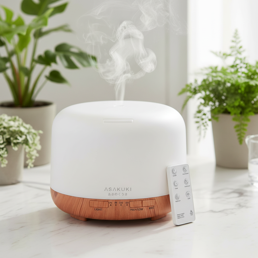 ASAKUKI diffuser with mist on marble surface with plants