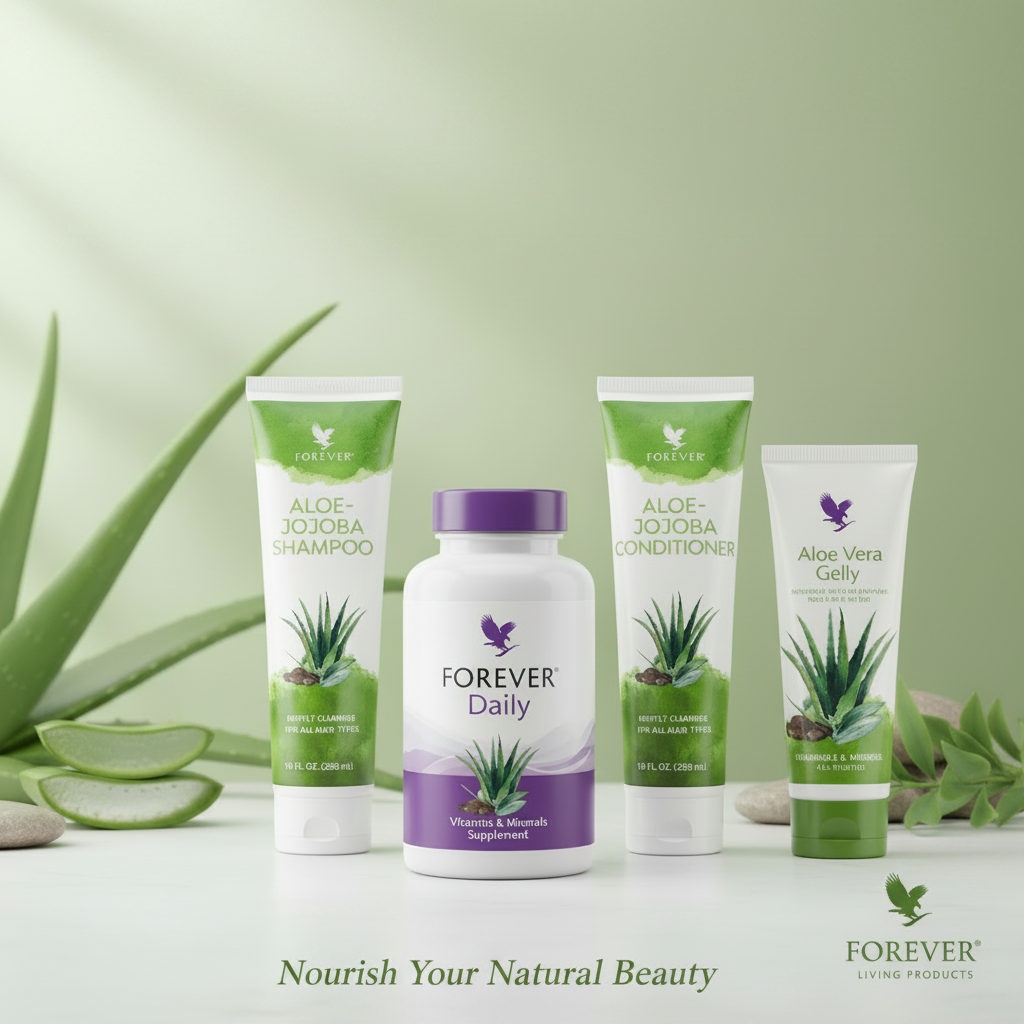Forever Living 4-product natural beauty collection on white marble