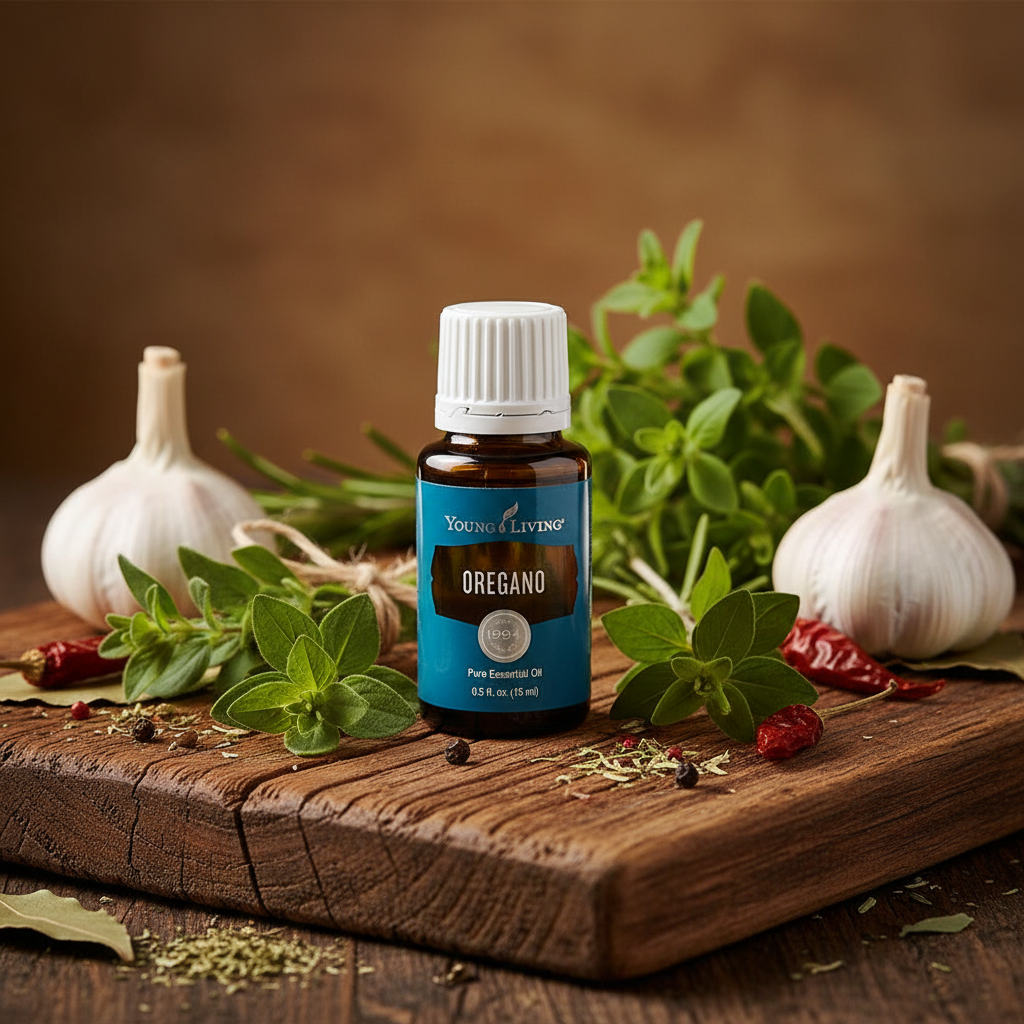 Oregano essential oil on rustic wooden board with fresh herbs and garlic