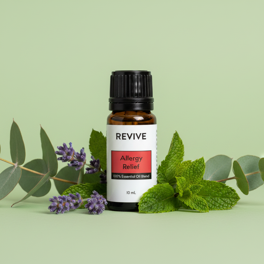 Revive Allergy Relief oil on sage green botanical background