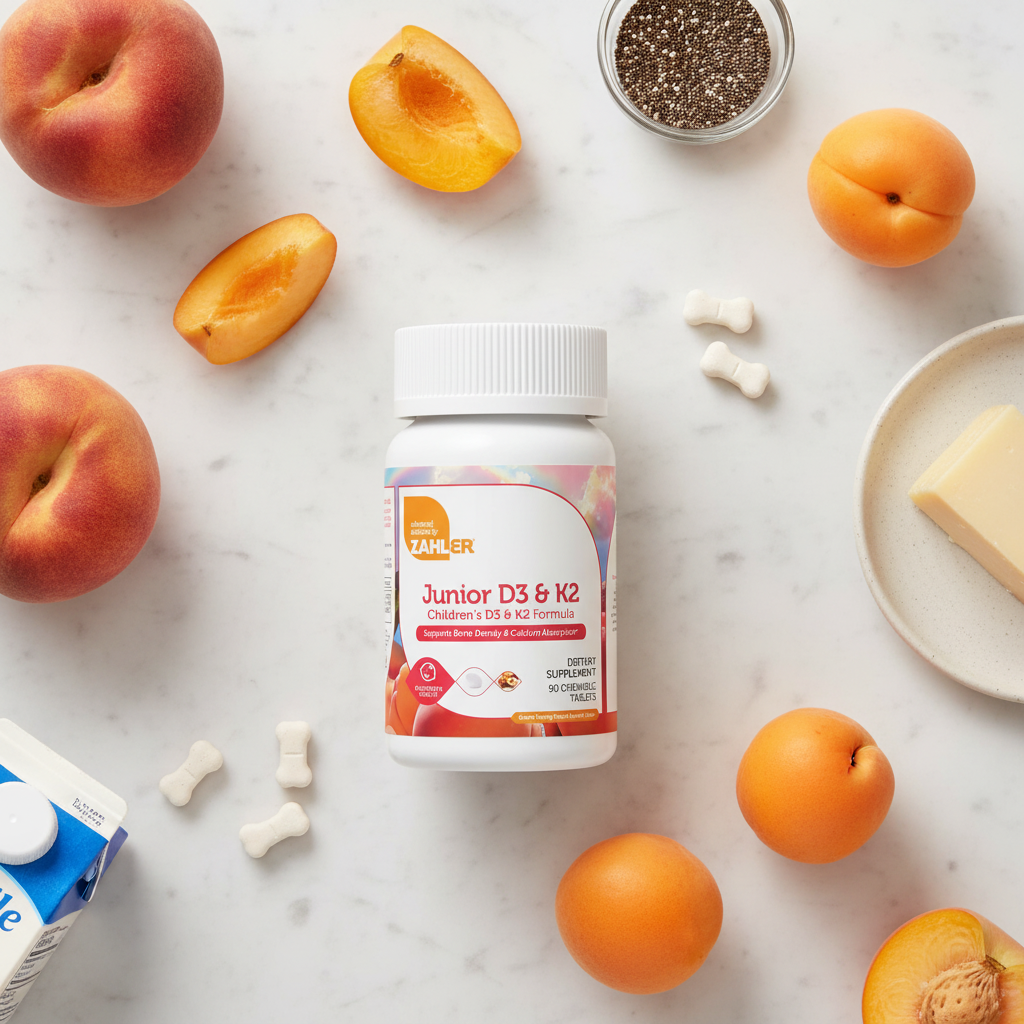 Junior D3 K2 flat lay with peaches apricots and chewable tablets