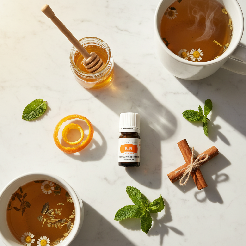 Orange Vitality marble flat lay with tea and honey