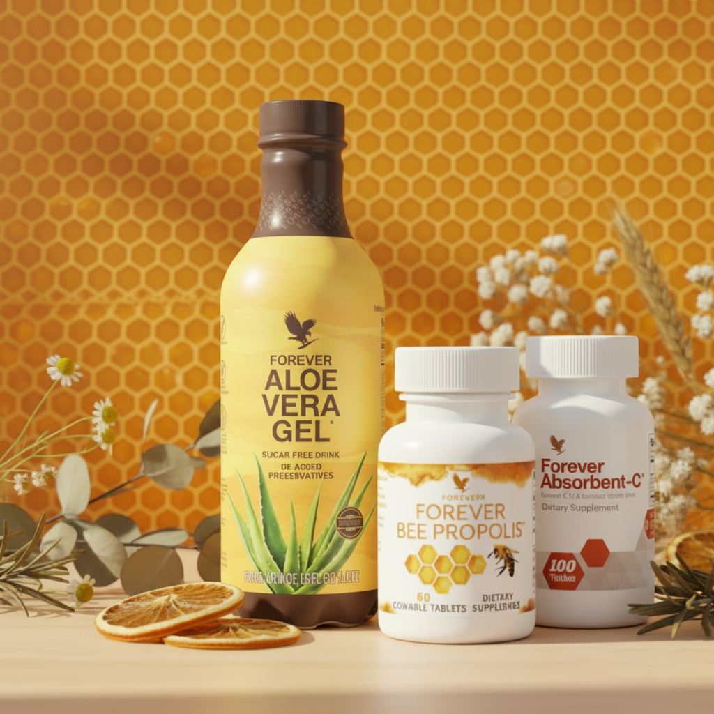 Forever Cold & Flu Support bundle on golden honey honeycomb background