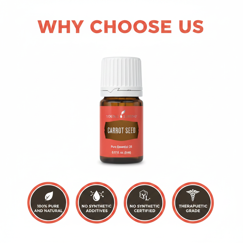 Carrot Seed Essential Oil quality badges infographic