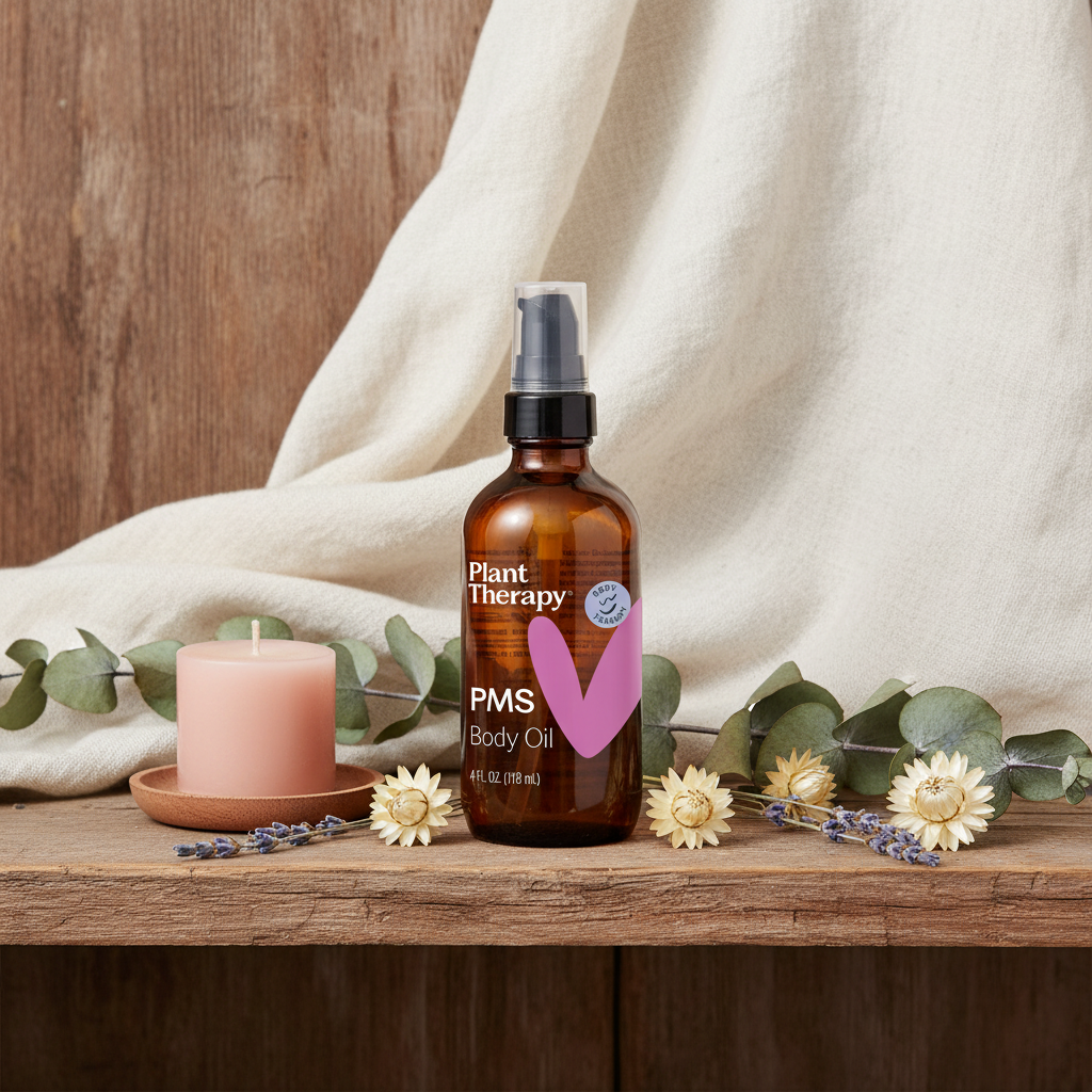 Plant Therapy PMS Body Oil on rustic wooden shelf with dried botanicals and pink candle