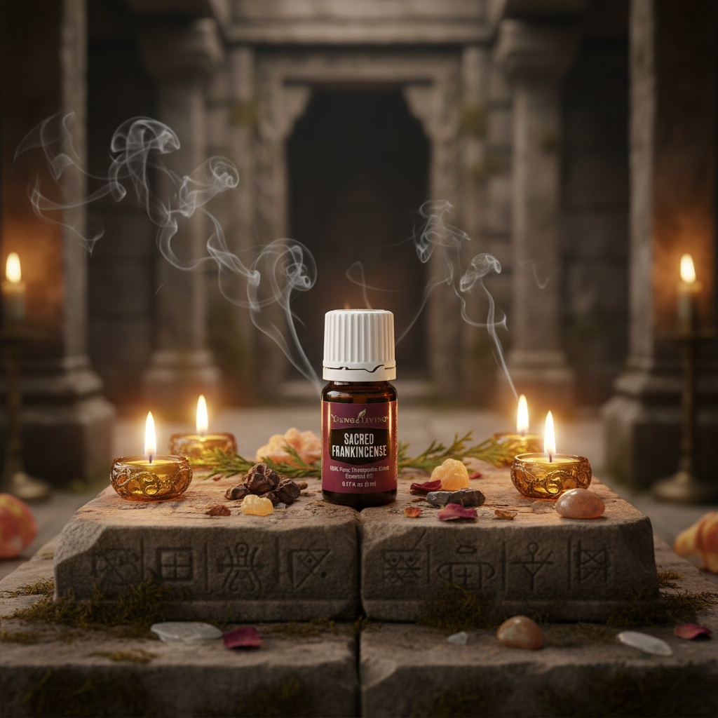 Sacred Frankincense oil on ancient stone temple altar with candlelight