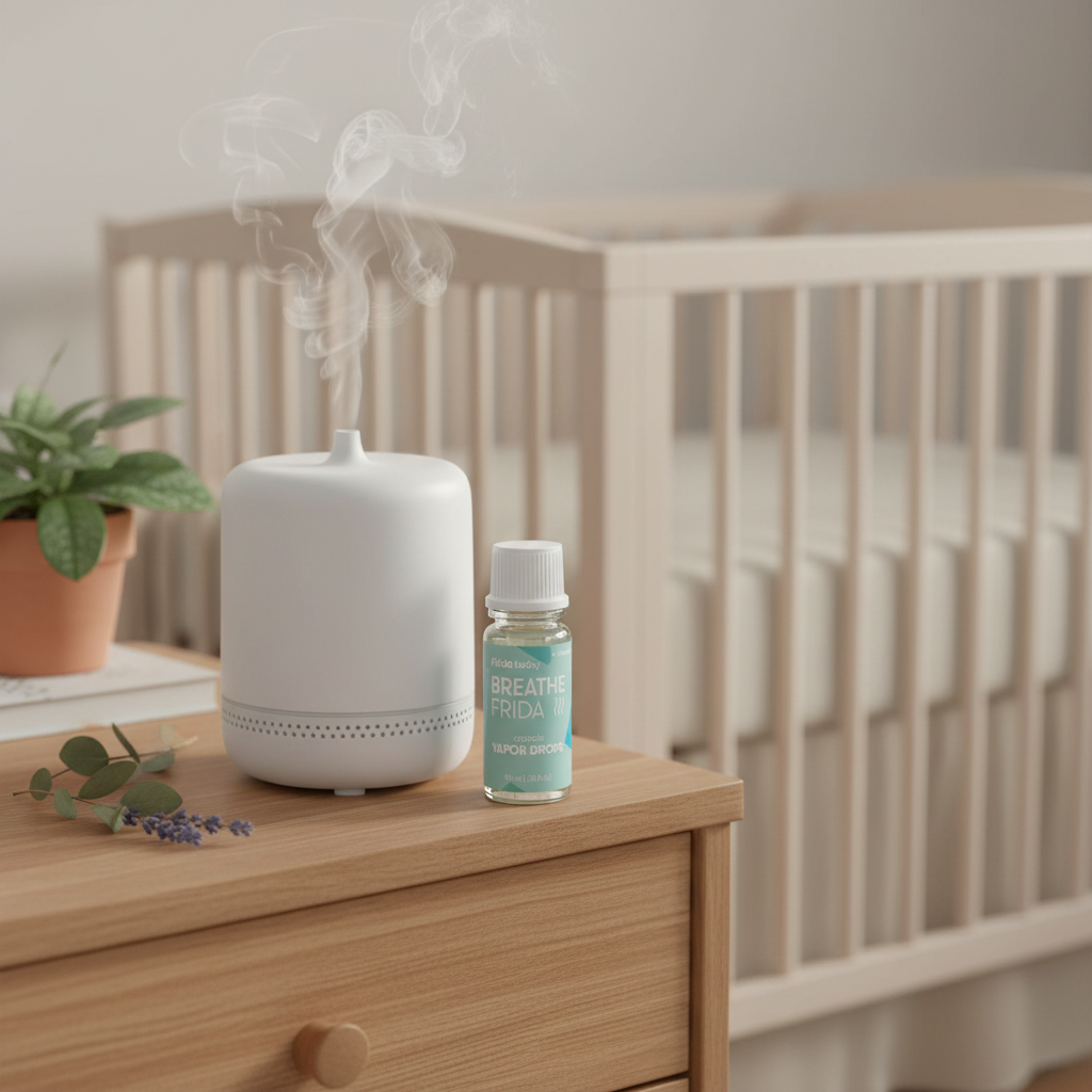 Frida Baby Vapor Drops next to diffuser on nursery nightstand