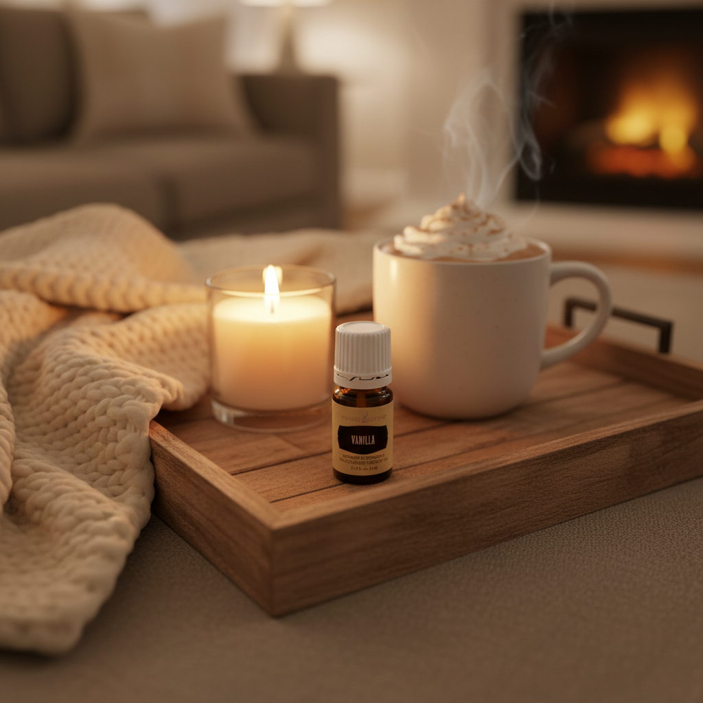 Vanilla oleoresin with candle and cocoa cozy scene